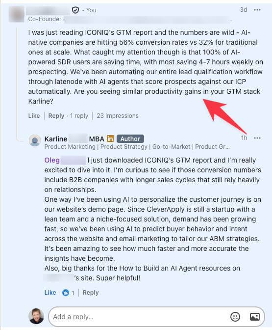 LiSeller AI-drafted LinkedIn comment example